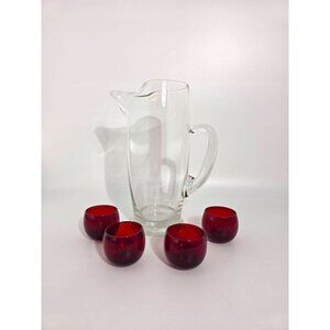 Large Vintage Clear Glass Pitcher With Handle & 4 Red Glass Cups For Drinks